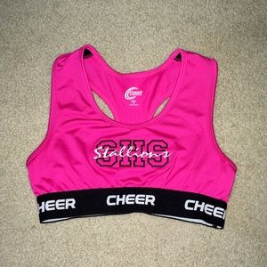 Bright pink cheer sports bra